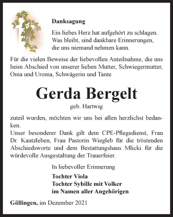 Traueranzeige von Gerda Bergelt von Thüringer Allgemeine