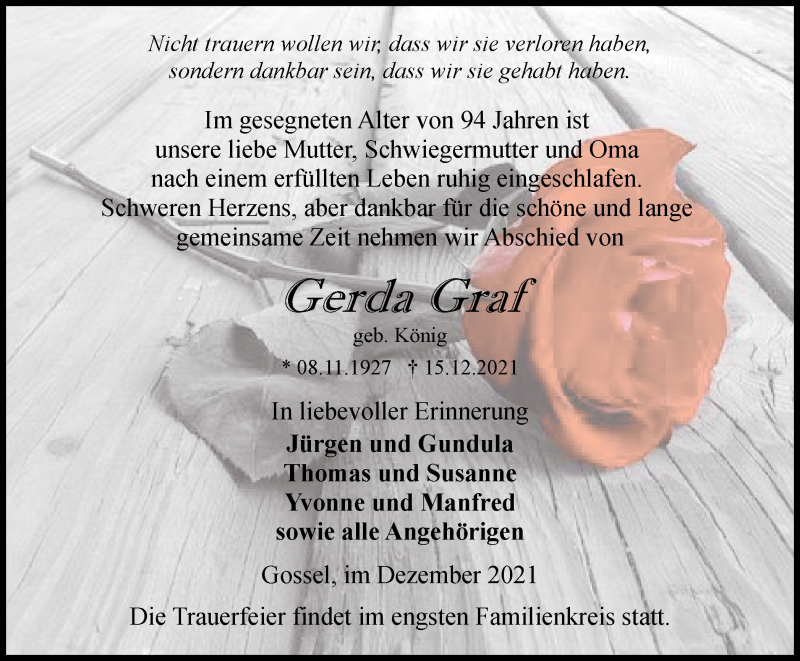  Traueranzeige für Gerda Graf vom 31.12.2021 aus Thüringer Allgemeine