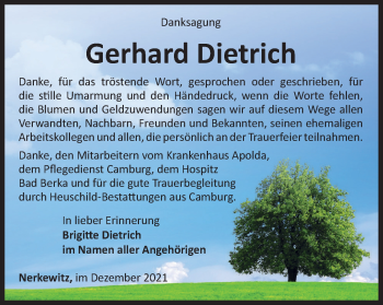 Traueranzeige von Gerhard Dietrich von Ostthüringer Zeitung, Thüringische Landeszeitung