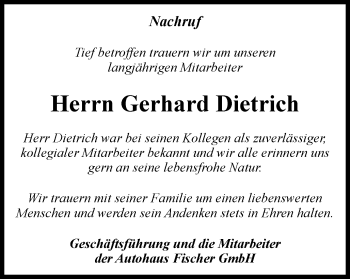 Traueranzeige von Gerhard Dietrich von Ostthüringer Zeitung, Thüringische Landeszeitung