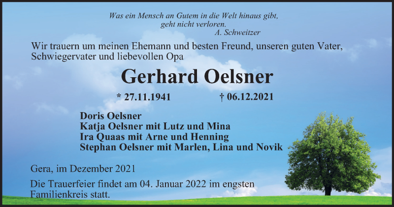  Traueranzeige für Gerhard Oelsner vom 18.12.2021 aus Ostthüringer Zeitung
