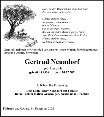 Traueranzeige von Gertrud Neundorf