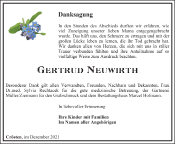 Traueranzeige von Gertrud Neuwirth von Ostthüringer Zeitung
