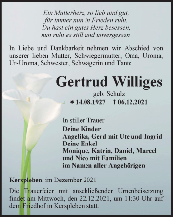Traueranzeige von Gertrud Williges von Thüringer Allgemeine, Thüringische Landeszeitung