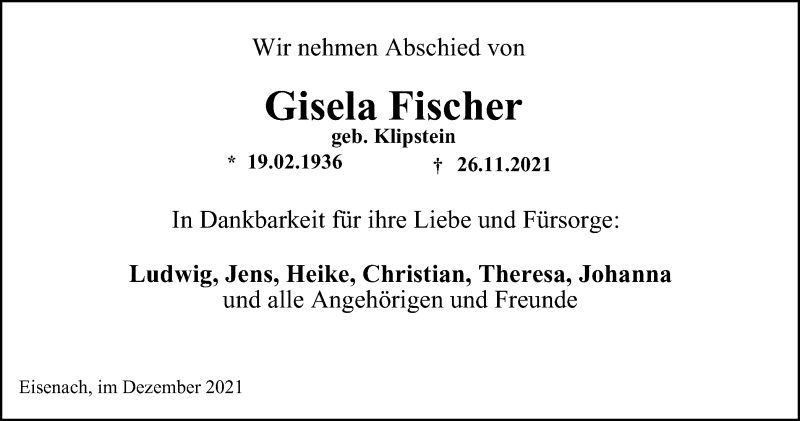  Traueranzeige für Gisela Fischer vom 02.12.2021 aus Thüringer Allgemeine, Thüringische Landeszeitung