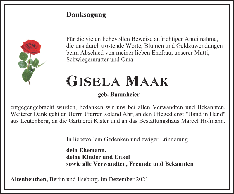  Traueranzeige für Gisela Maak vom 11.12.2021 aus Ostthüringer Zeitung