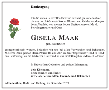 Traueranzeige von Gisela Maak von Ostthüringer Zeitung
