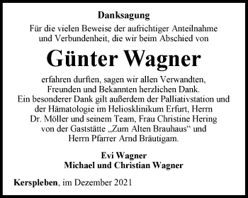 Traueranzeige von Günter Wagner von Thüringer Allgemeine, Thüringische Landeszeitung