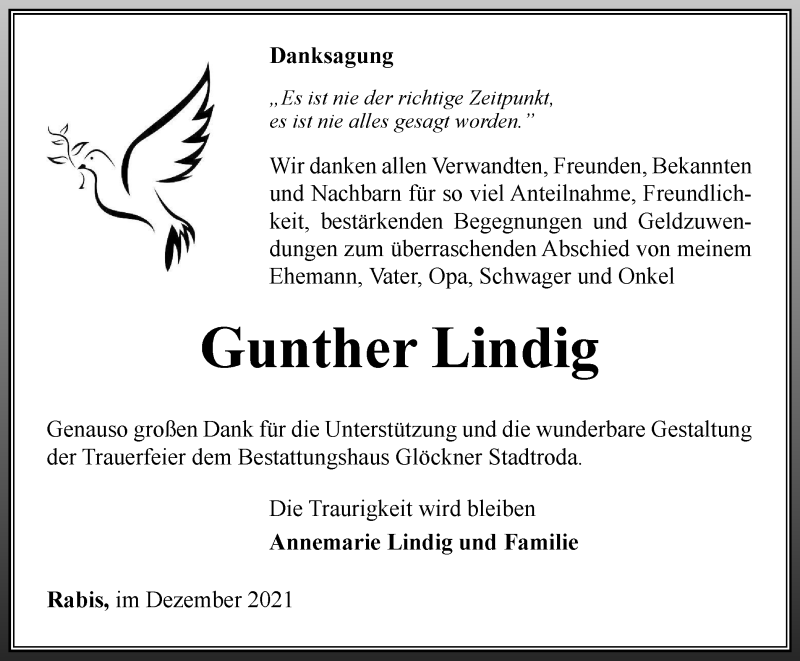  Traueranzeige für Gunther Lindig vom 24.12.2021 aus Ostthüringer Zeitung