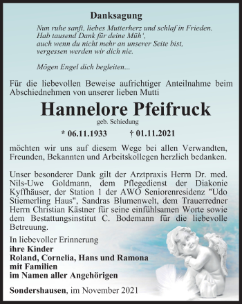 Traueranzeige von Hannelore Pfeifruck