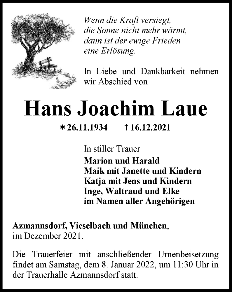  Traueranzeige für Hans Joachim Laue vom 31.12.2021 aus Thüringer Allgemeine, Thüringische Landeszeitung