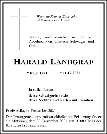 Traueranzeige von Harald Landgraf von Ostthüringer Zeitung