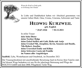Traueranzeige von Hedwig Kurzweil von Ostthüringer Zeitung