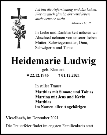 Traueranzeige von Heidemarie Ludwig von Thüringer Allgemeine, Thüringische Landeszeitung