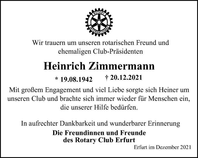  Traueranzeige für Heinrich Zimmermann vom 30.12.2021 aus Thüringer Allgemeine, Thüringische Landeszeitung
