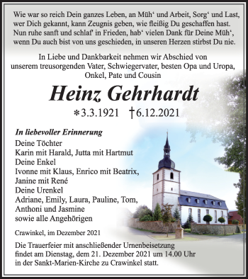 Traueranzeige von Heinz Gehrhardt von Thüringer Allgemeine, Thüringische Landeszeitung
