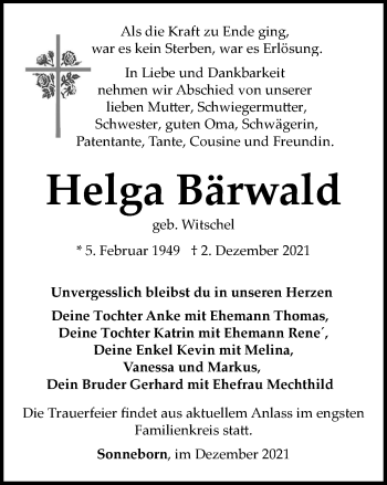 Traueranzeige von Helga Bärwald