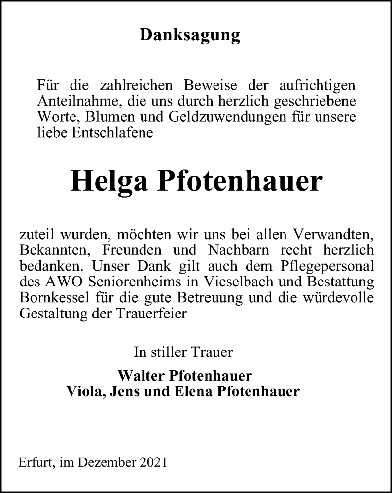  Traueranzeige für Helga Pfotenhauer vom 31.12.2021 aus Thüringer Allgemeine, Thüringische Landeszeitung
