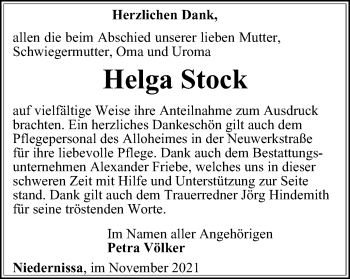 Traueranzeige von Helga Stock von Thüringer Allgemeine, Thüringische Landeszeitung