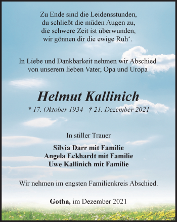 Traueranzeige von Helmut Kallinich