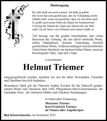 Traueranzeige von Helmut Triemer von Ostthüringer Zeitung