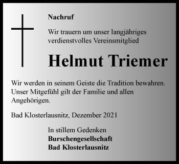 Traueranzeige von Helmut Triemer von Ostthüringer Zeitung