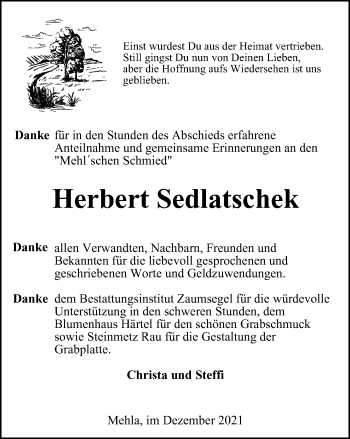 Traueranzeige von Herbert Sedlatschek von Ostthüringer Zeitung