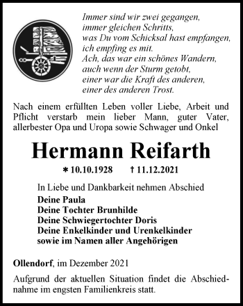 Traueranzeige von Hermann Reifarth von Thüringer Allgemeine, Thüringische Landeszeitung