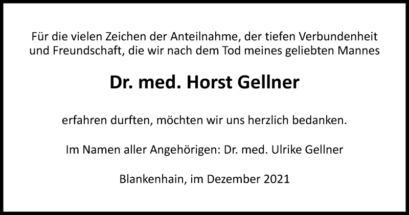  Traueranzeige für Horst Gellner vom 31.12.2021 aus Ostthüringer Zeitung