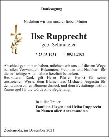 Traueranzeige von Ilse Rupprecht von Ostthüringer Zeitung