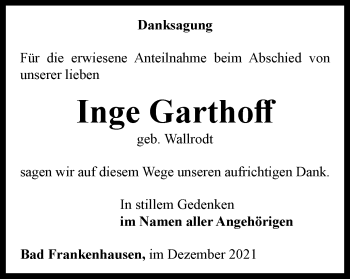 Traueranzeige von Inge Garthoff von Thüringer Allgemeine