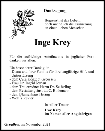 Traueranzeige von Inge Krey