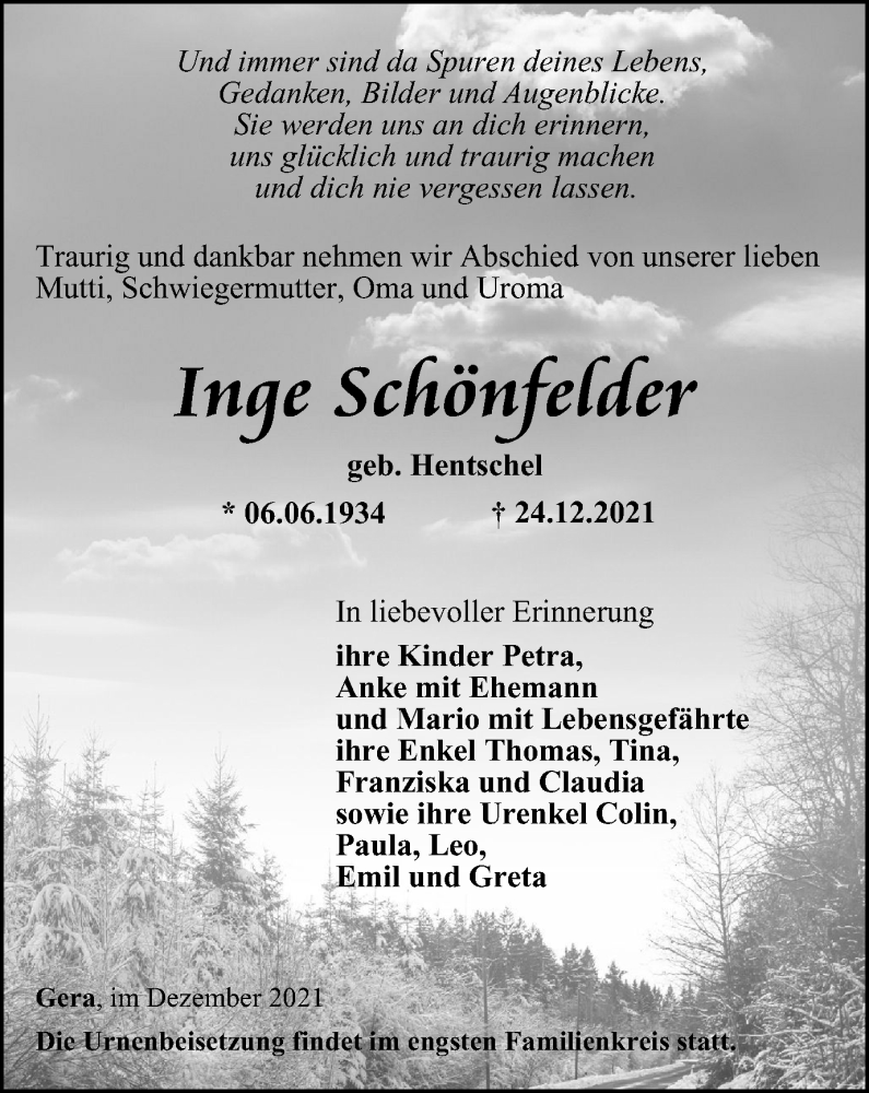 Traueranzeige für Inge Schönfelder vom 30.12.2021 aus Ostthüringer Zeitung