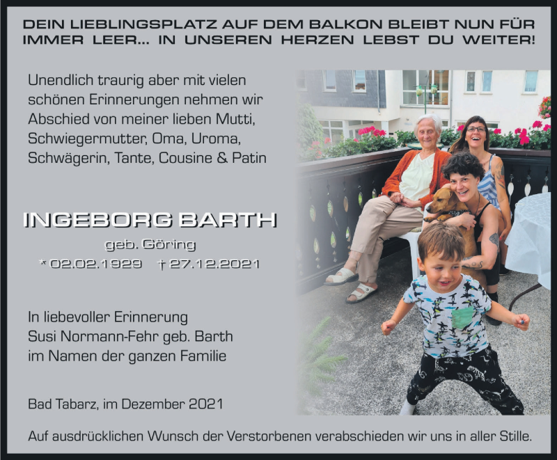  Traueranzeige für Ingeborg Barth vom 31.12.2021 aus Thüringer Allgemeine, Thüringische Landeszeitung