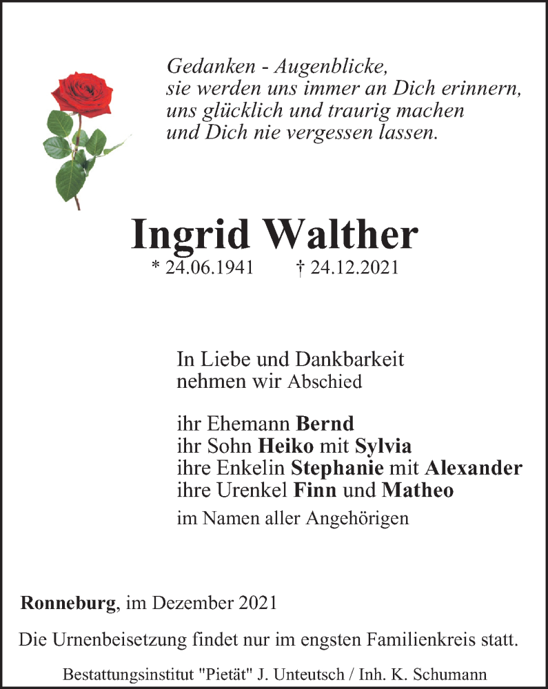  Traueranzeige für Ingrid Walther vom 31.12.2021 aus Ostthüringer Zeitung