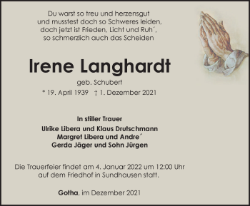 Traueranzeige von Irene Langhardt