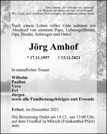 Traueranzeige von Jörg Amhof von Thüringer Allgemeine, Thüringische Landeszeitung