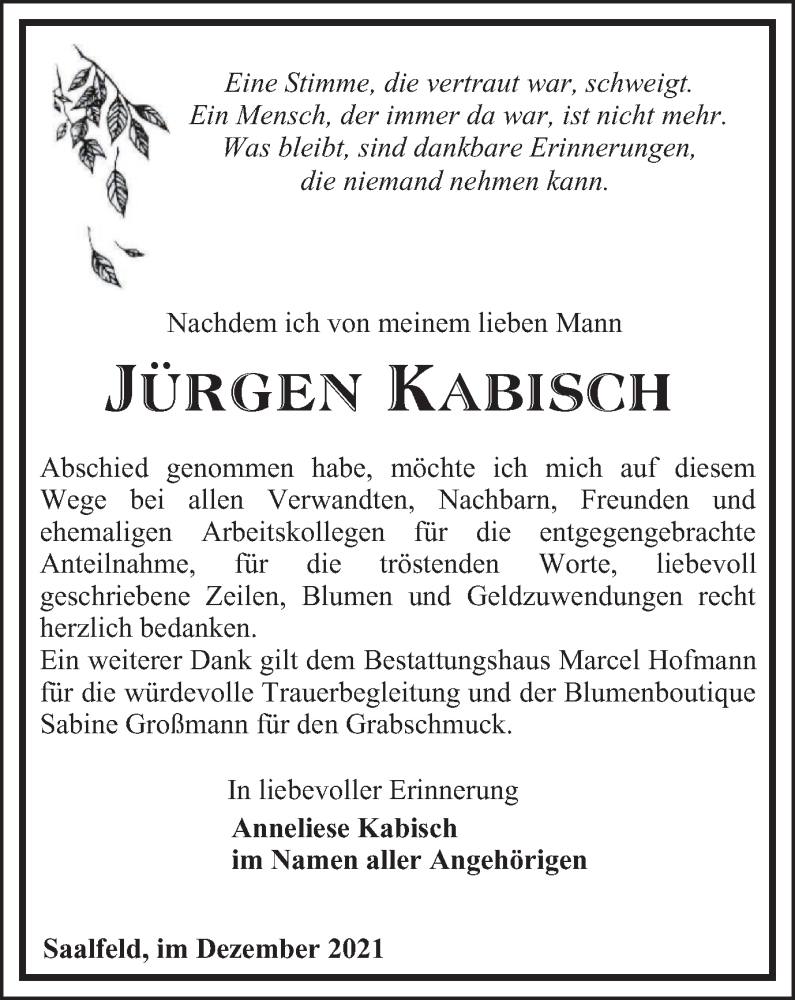  Traueranzeige für Jürgen Kabisch vom 31.12.2021 aus Ostthüringer Zeitung