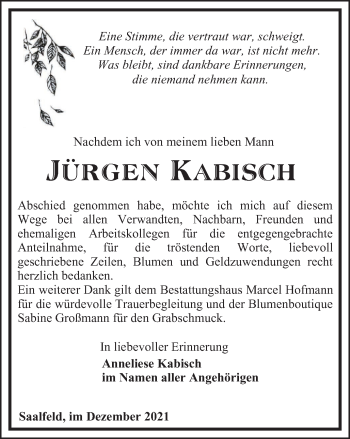 Traueranzeige von Jürgen Kabisch