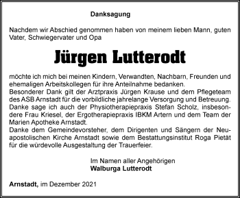 Traueranzeige von Jürgen Lutterodt von Thüringer Allgemeine