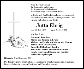 Traueranzeige von Jutta Ehrig von Ostthüringer Zeitung