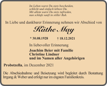 Traueranzeige von Käthe May von Ostthüringer Zeitung