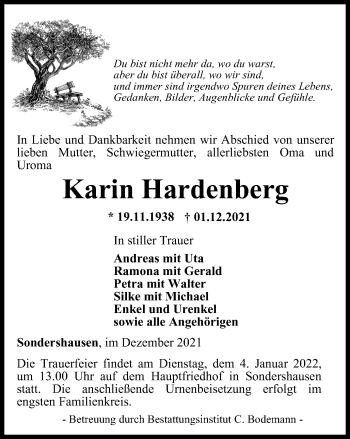 Traueranzeige von Karin Hardenberg