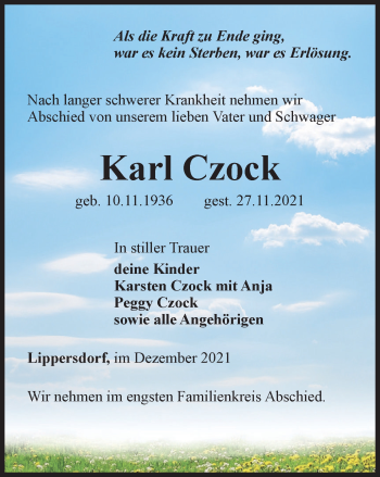 Traueranzeige von Karl Czock von Ostthüringer Zeitung