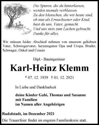 Traueranzeige von Karl-Heinz Klemm von Ostthüringer Zeitung