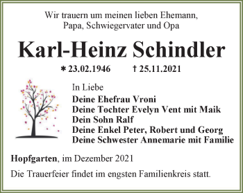 Traueranzeige von Karl-Heinz Schindler von Thüringer Allgemeine, Thüringische Landeszeitung