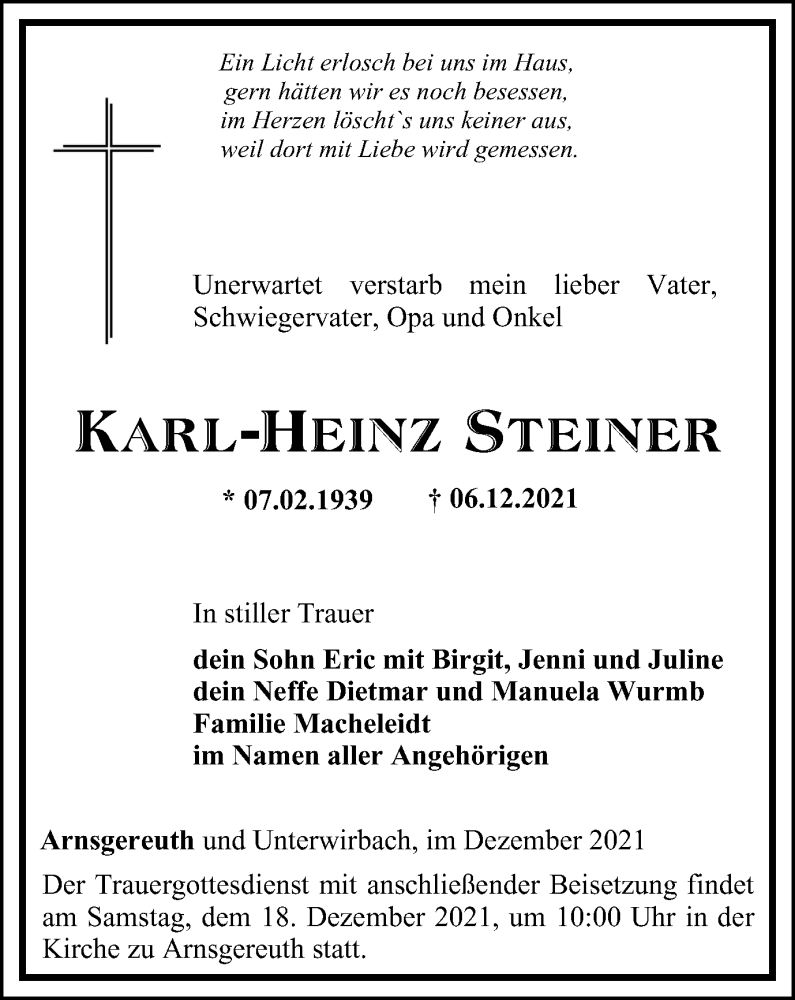  Traueranzeige für Karl-Heinz Steiner vom 11.12.2021 aus Ostthüringer Zeitung