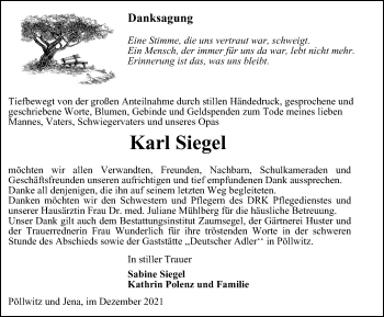 Traueranzeige von Karl Siegel von Ostthüringer Zeitung