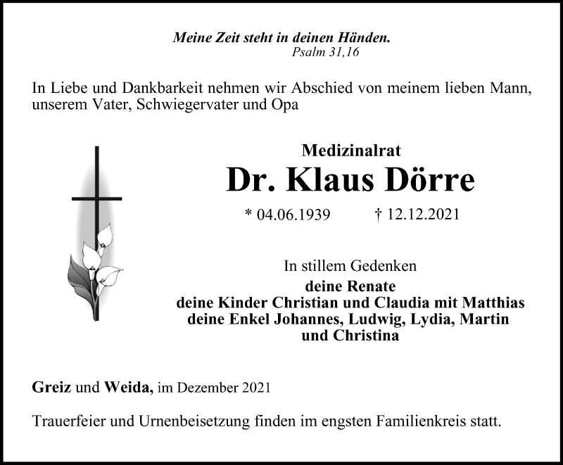  Traueranzeige für Klaus Dörre vom 17.12.2021 aus Ostthüringer Zeitung