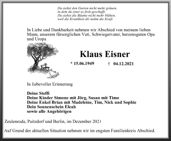 Traueranzeige von Klaus Eisner von Ostthüringer Zeitung